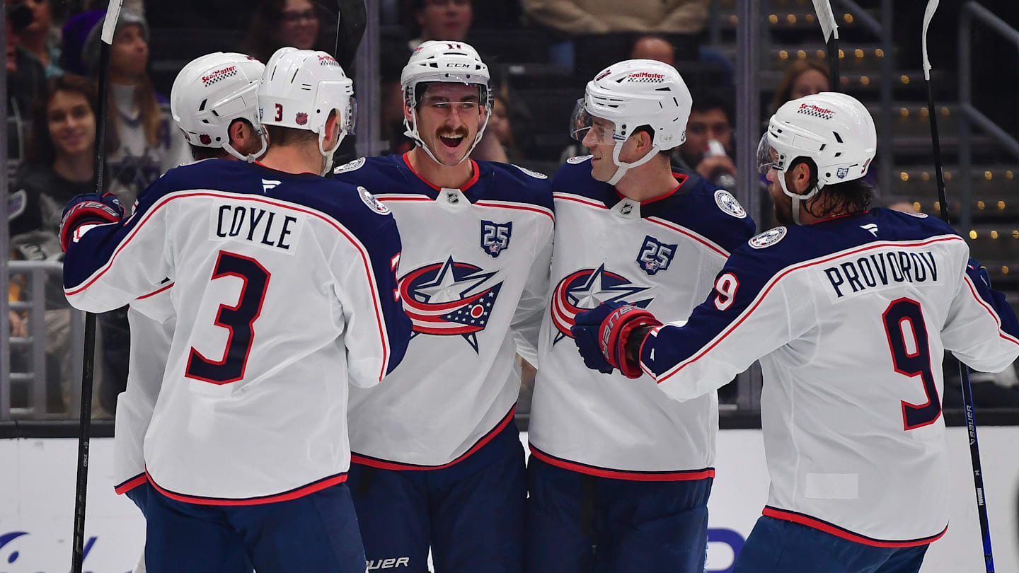 The Columbus Blue Jackets celebrate a goal scored by Mason Marchment against the Los Angeles Kings