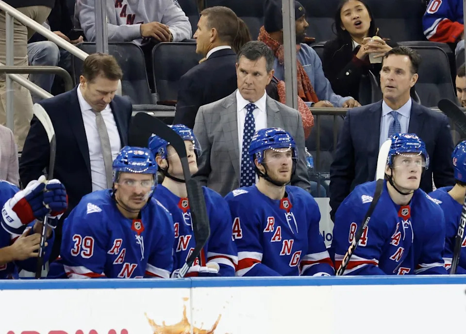 Mike Sullivan reacts on the bench in the third period at Madison Square Garden in New York, October 23, 2025. JASON SZENES/ NY POST
