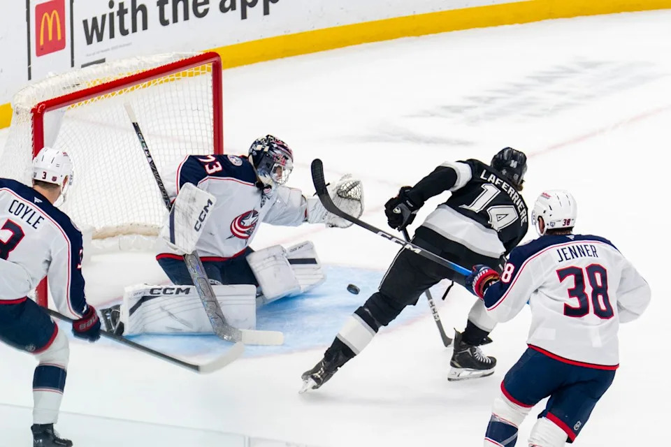 Los Angeles Kings RW Alex Laferriere (14) gets his shot blocked during an NHL game against the Columbus Blue Jackets, Monday December 22nd, 2025 in Los Angeles, California. 
