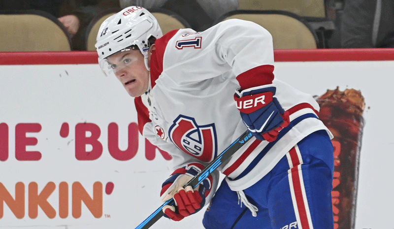 Montreal Canadiens center Cole Caufield (13) centers the puck prior to scoring against the Pittsburgh Penguins during the second period at PPG Paints Arena.