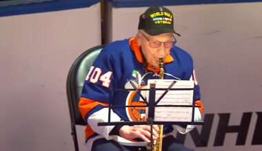 104 Year Old Word War II Veteran Plays National Anthem on Saxophone at Rangers vs Islanders Game