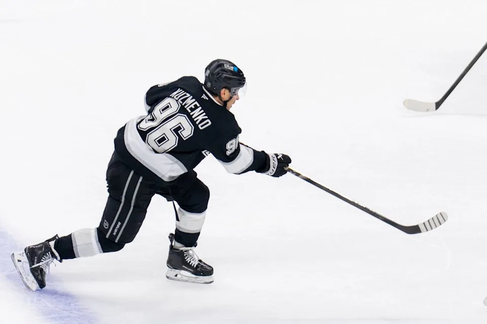 Los Angeles Kings LW Andrei Kuzmenko (96) scores a goal during an NHL game against the Columbus Blue Jackets, Monday December 22nd, 2025 in Los Angeles, California. 
