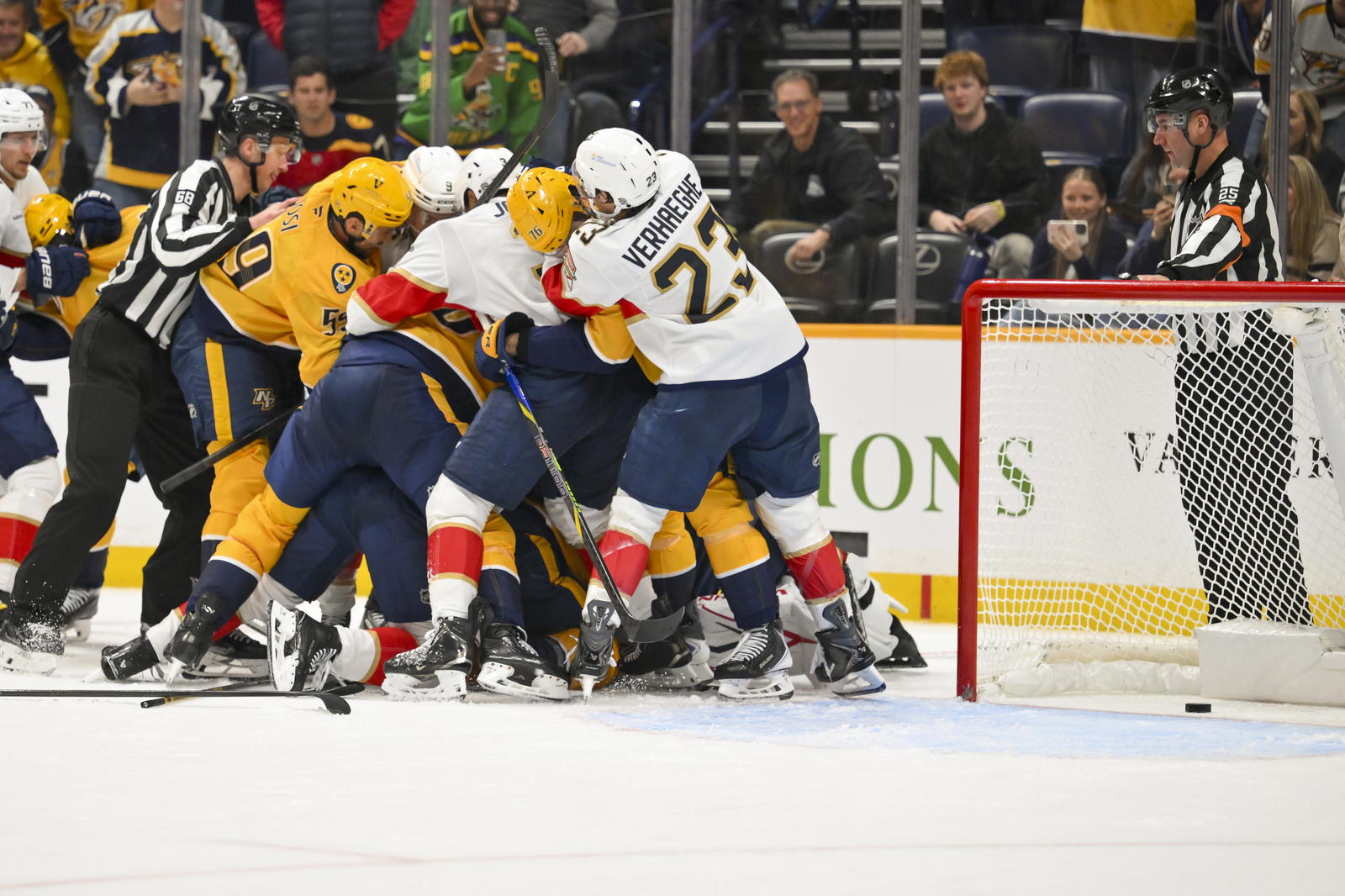 Nov 24, 2025; Nashville, Tennessee, USA; Florida Panthers and Nashville Predators both fight during the third period at Bridgestone Arena. Mandatory Credit: Steve Roberts-Imagn Images