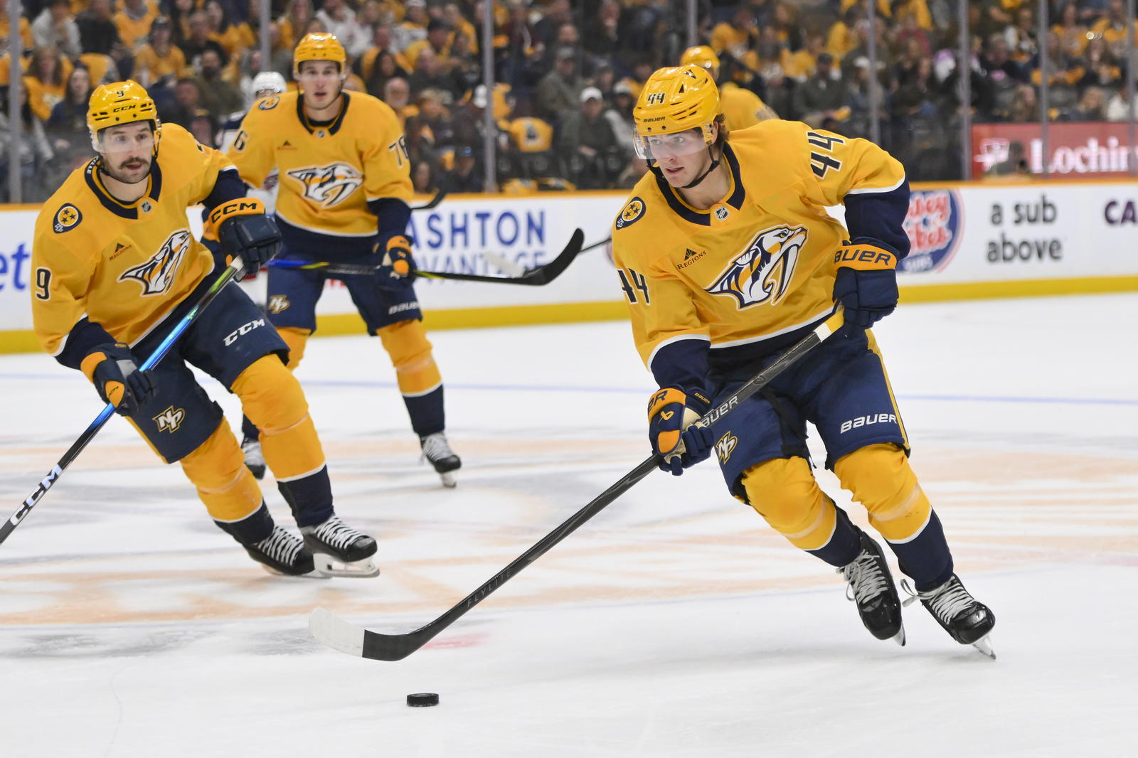 Oct 9, 2025; Nashville, Tennessee, USA; Nashville Predators center Brady Martin (44) skates with the puck against the Columbus Blue Jackets during the second period at Bridgestone Arena. Mandatory Credit: Steve Roberts-Imagn Images