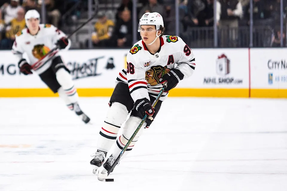 Chicago Blackhawks center Connor Bedard (98) skates up the ice with the puck during a NHL game between the Vegas Golden Knights and the Chicago Blackhawks, Tuesday December 2, 2025 in Las Vegas, Nev.