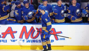 Buffalo Sabres center Josh Norris (9) celebrates his goal during the third period of an NHL hockey game against the Winnipeg Jets, Monday, Dec. 1, 2025, in Buffalo, N.Y. (AP Photo/Jeffrey T. Barnes)