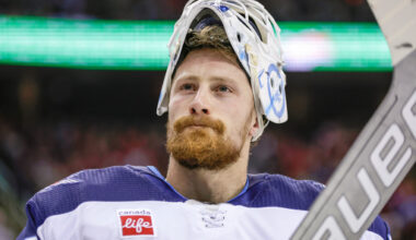 FILE - Winnipeg Jets goaltender Laurent Brossoit (39) reacts against the New Jersey Devils during the second period of an NHL hockey game March 21, 2024, in Newark, N.J. (AP Photo/Adam Hunger, File)