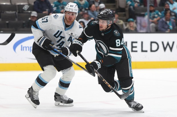 San Jose Sharks forward Pavol Regenda (84) skates past Utah...