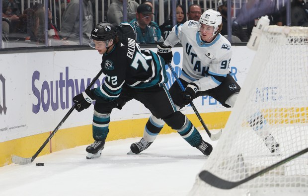 San Jose Sharks forward William Eklund (72) battles for the...