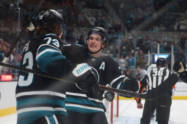 San Jose Sharks forward Tyler Toffoli (73) celebrates his goal...