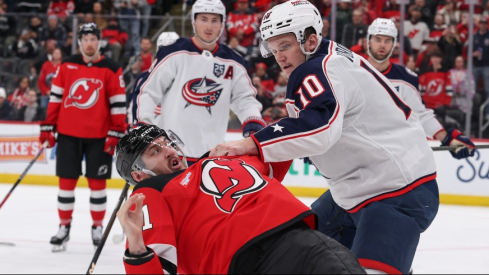 Sean Monahan scored twice and seemingly everyone dropped the gloves in a huge, 5-3 road win for the Columbus Blue Jackets over the New Jersey Devils on Monday night.