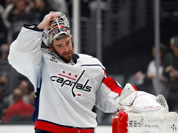 Washington Capitals goaltender Logan Thompson reacts after the Kings’ Adrian...