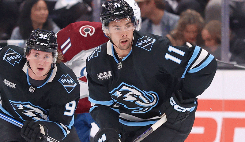Utah Mammoth right wing Dylan Guenther (11) skates with the puck against the Colorado Avalanche during the first period at Delta Center.