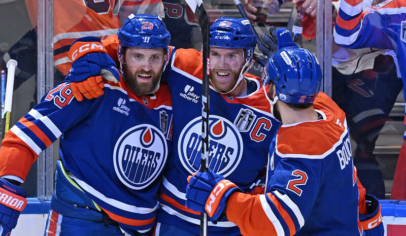 Edmonton Oilers center Leon Draisaitl (29) celebrates with with Connor McDavid (97).
