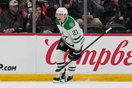 Dallas Stars' Jason Robertson reacts after scoring during the second period of an NHL hockey...