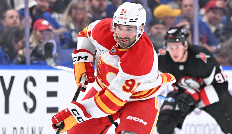 Calgary Flames center Nazem Kadri (91) advamces the puck against the Buffalo Sabres in the third period at KeyBank Center.