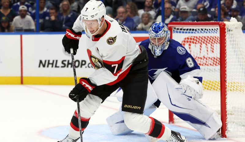 Ottawa Senators left wing Brady Tkachuk (7) skates with the puck.