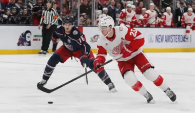 Red Wings' Lucas Raymond calls out the words of a captain to his teammates after recent struggles