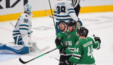 Dallas Stars right wing Mikko Rantanen (96) celebrates his goal with teammates Vladislav Kolyachonok (44) and Sam Steel (18) as San Jose Sharks goaltender Yaroslav Askarov (30) sits nearby during the third period of an NHL hockey game Friday, Dec. 5, 2025, in Dallas. (AP Photo/LM Otero)