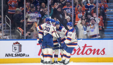 Edmonton Oilers celebrate a goal against the Winnipeg Jets during the first period of an NHL game in Edmonton, Alberta, Saturday, Dec. 6, 2025. (Jason Franson/The Canadian Press via AP)