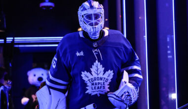 Toronto Maple Leafs goaltender Dennis Hildeby (35) walks back to the locker room after his shutout in Leafs