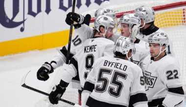 Los Angeles Kings right wing Adrian Kempe (9) celebrates with teammates after scoring a goal during the third period of an NHL hockey game against the San Jose Sharks, Thursday, Nov. 20, 2025, in San Jose, Calif. (AP Photo/Godofredo A. Vásquez)