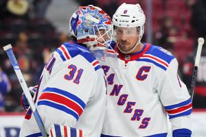 OTTAWA, CANADA - DECEMBER 4: J.T. Miller #8 of the New York Rangers congratulates goalie Igor Shesterkin #31 after their win against the Ottawa Senators on December 4, 2025 at Canadian Tire Centre in Ottawa, Ontario, Canada. (Photo by André Ringuette/NHLI via Getty Images)