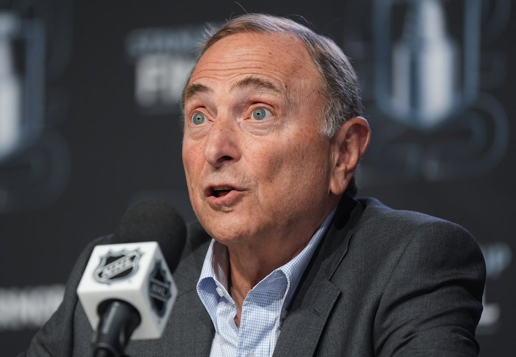 NHL commissioner Gary Bettman speaks during a news conference ahead of Game 1 of the NHL Stanley Cup Final, in Edmonton, on Wednesday, June 4, 2025. THE CANADIAN PRESS/Darryl Dyck