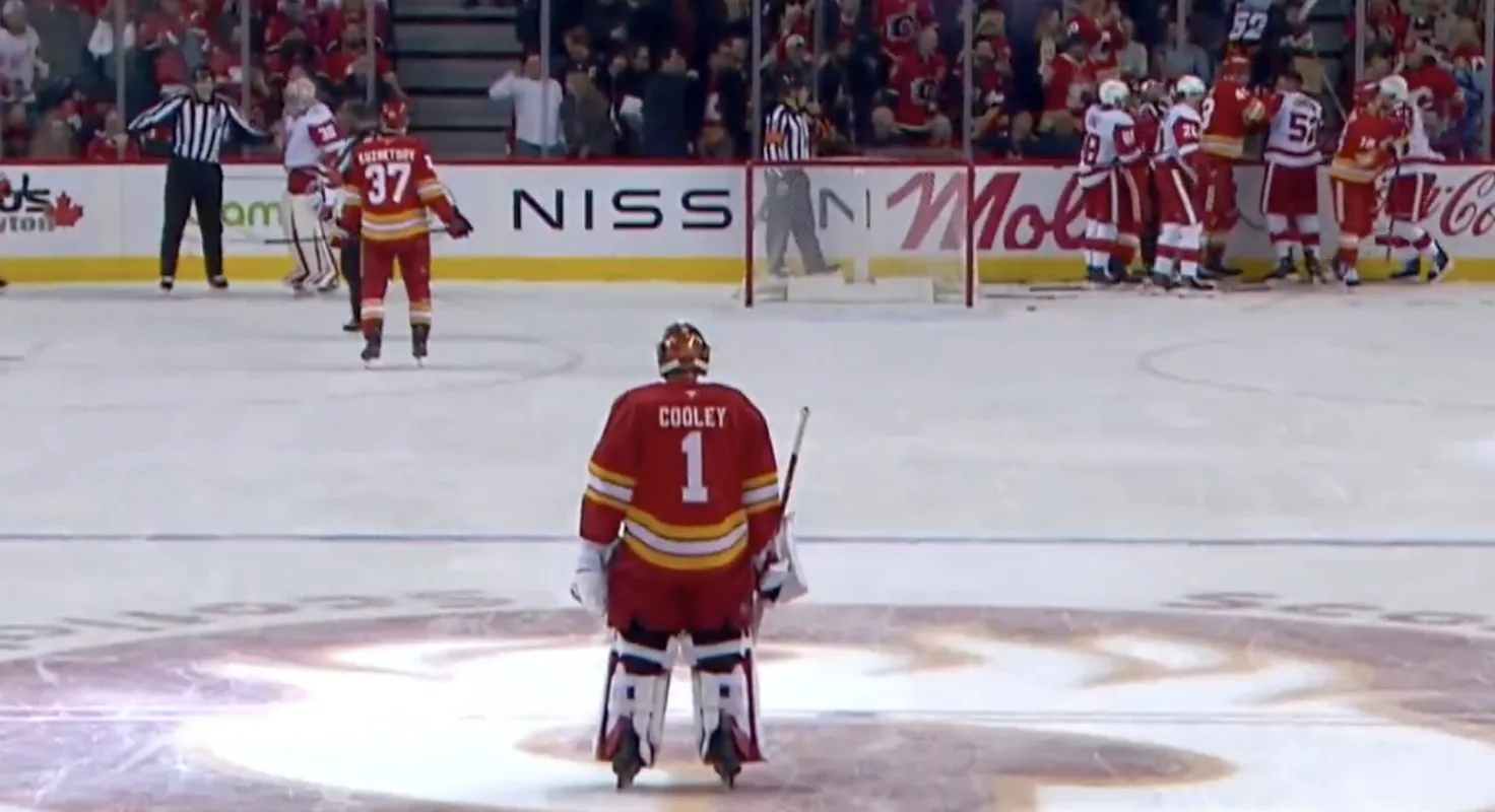 John Gibson gets rowdy in Red Wings vs. Flames Wednesday night