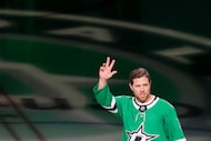 Former Stars player and Class of 2025 U.S. Hockey Hall of Fame inductee Joe Pavelski, waves...