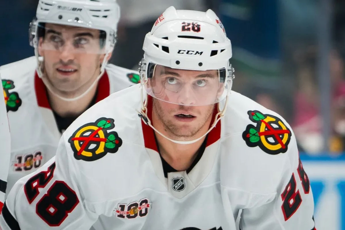 Nov 5, 2025; Vancouver, British Columbia, CAN; Chicago Blackhawks forward Andre Burakovsky (28) during a stop in play against the Vancouver Canucks in the second period at Rogers Arena. Mandatory Credit: Bob Frid-Imagn Images