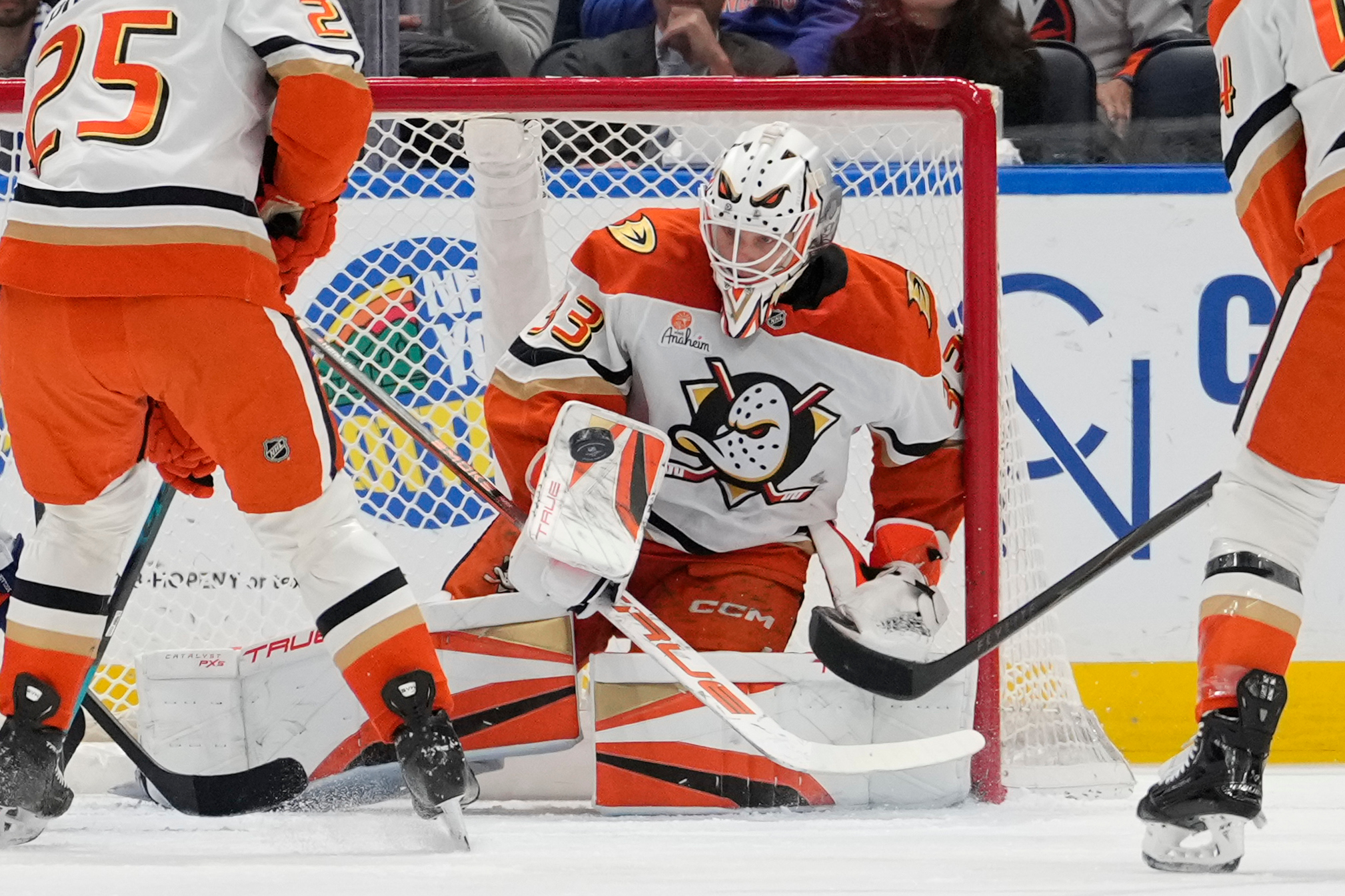 Ducks goaltender Ville Husso defends his net during the first...
