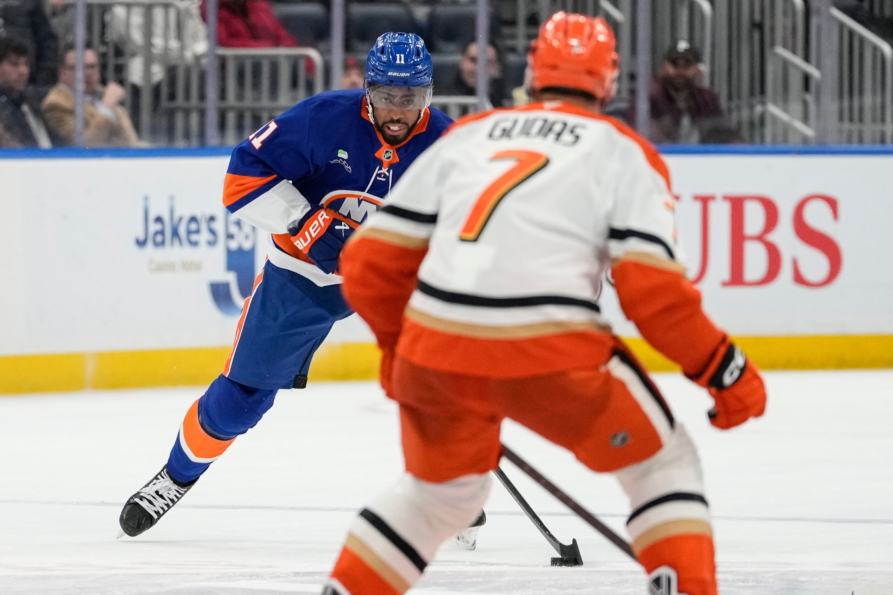 New York Islanders left wing Anthony Duclair (11) looks to...