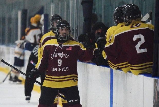 Senior Henry Vena (9) scored a hat trick of goals for Downriver Unified in their tough 7-5 road loss vs Riverview-Cabrini on Dec 15, 2025. (ALEXANDER MULLER -- MediaNews Group)