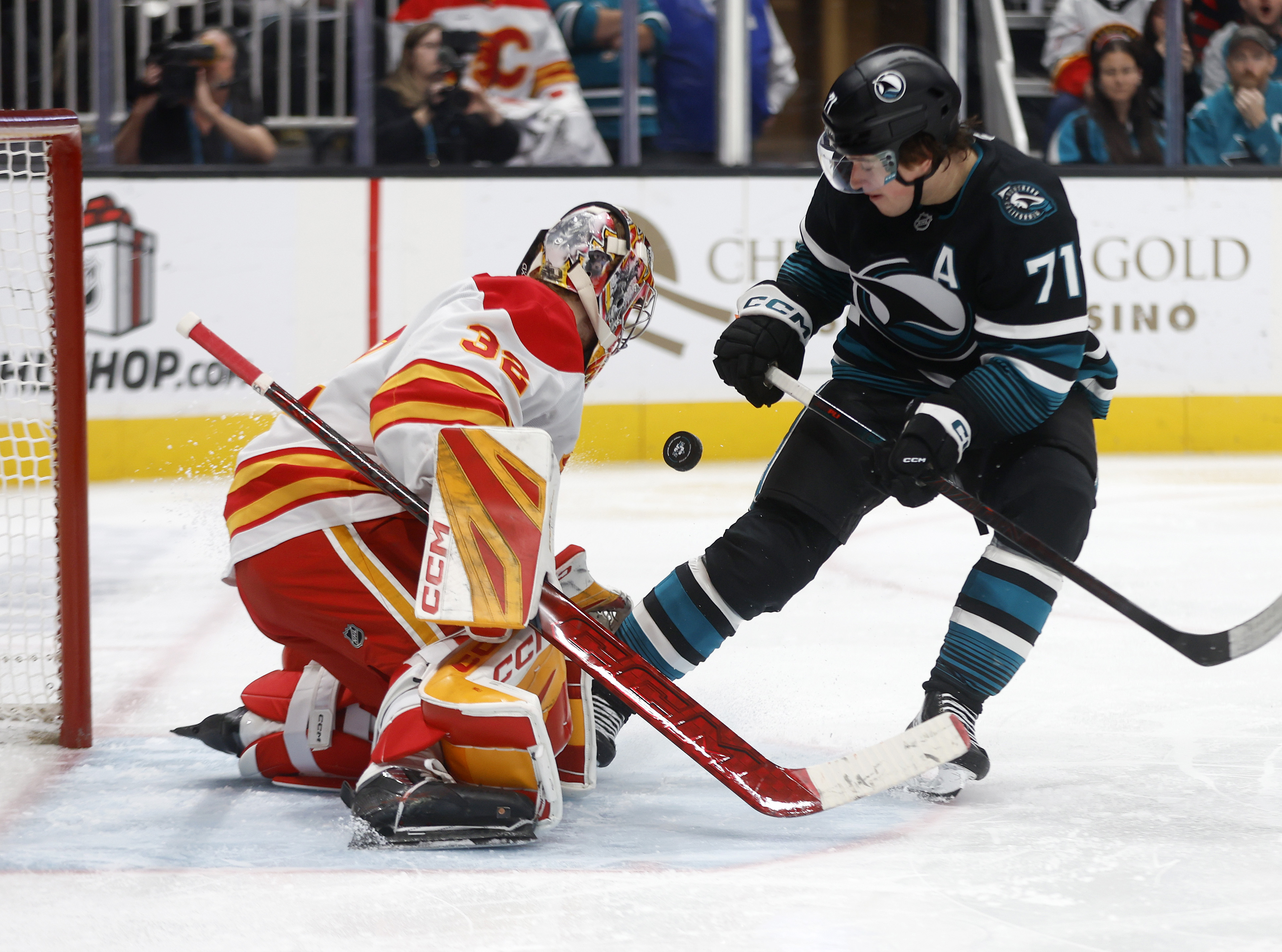 San Jose Sharks' Macklin Celebrini (71) scores a goal against...