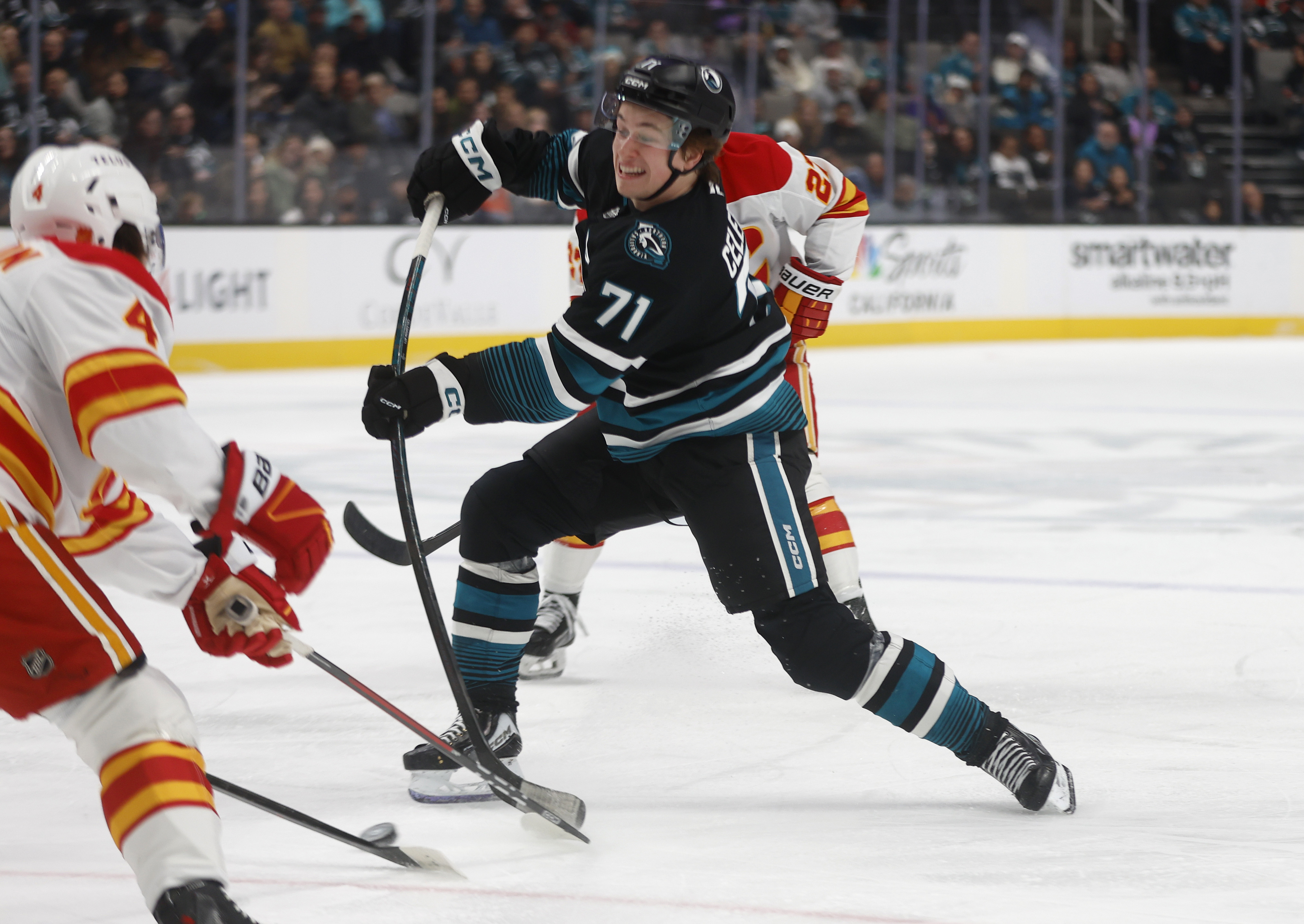 San Jose Sharks' Macklin Celebrini (71) takes a shot against...