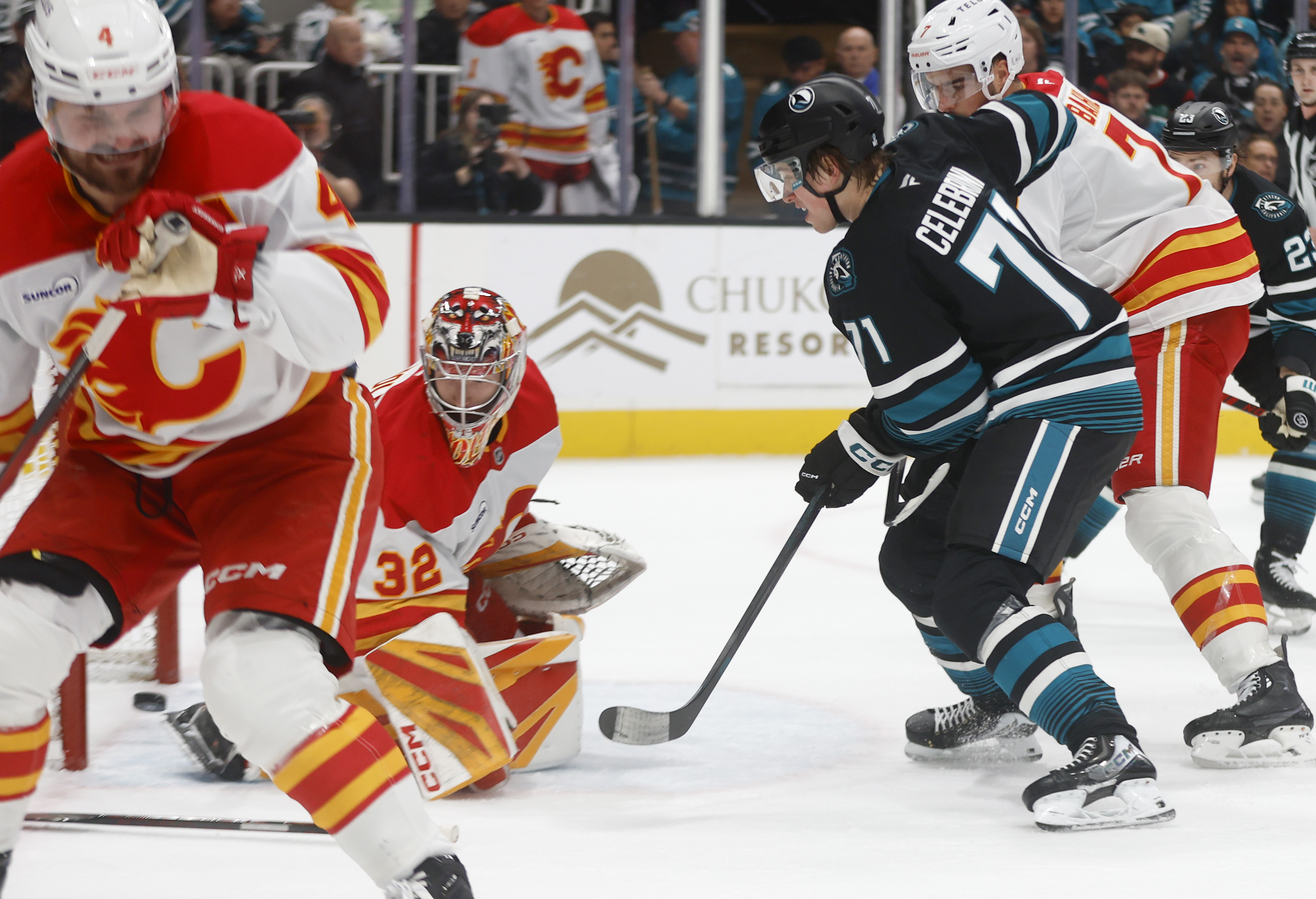 San Jose Sharks' Macklin Celebrini (71) canât get the puck...