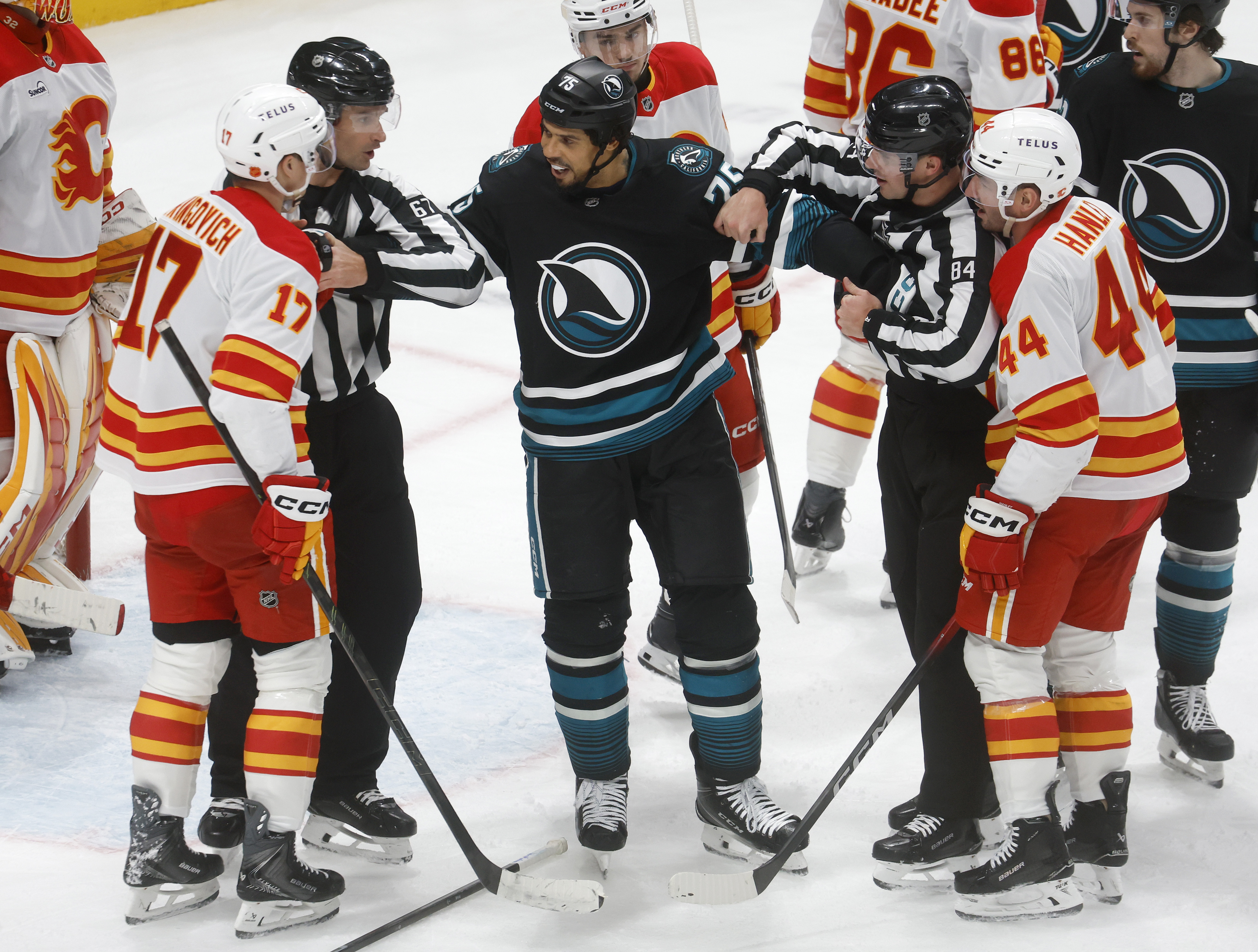 San Jose Sharks' Ryan Reaves (75) is held by two...