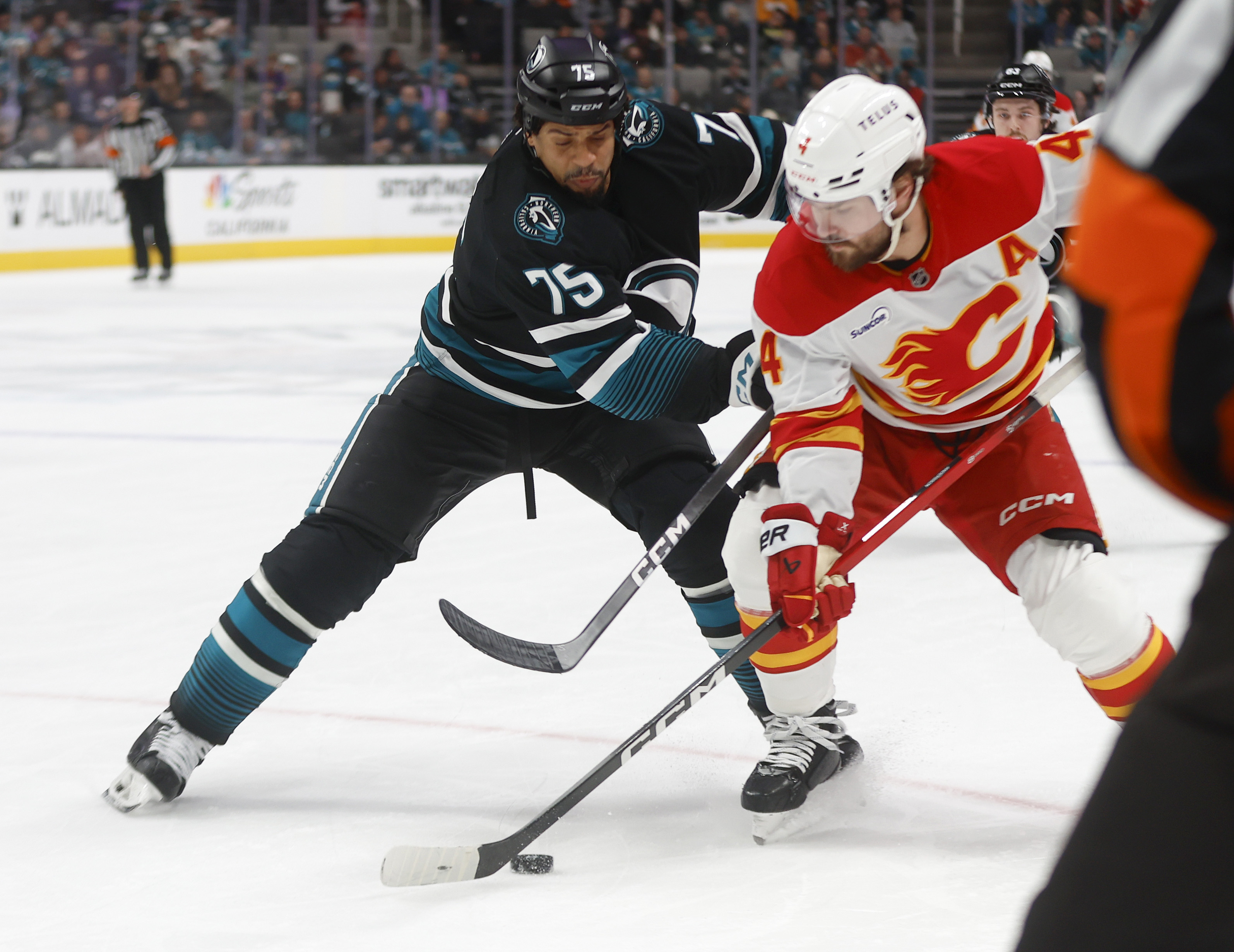 San Jose Sharks' Ryan Reaves (75) fights for the puck...