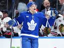 Toronto Maple Leafs forward Dakota Joshua celebrates his go-ahead goal against the Chicago Blackhawks.