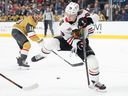 Chicago Blackhawks centre Connor Bedard passes the puck against the Vegas Golden Knights.