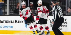 New Jersey Devils Connor Brown and Colton White celebrate Brown's second period goal against the Vegas Golden Knights.