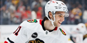 Frank Nazar skating for the Chicago Blackhawks