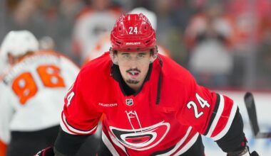 Hurricanes' Seth Jarvis injured vs. Panthers after colliding with post