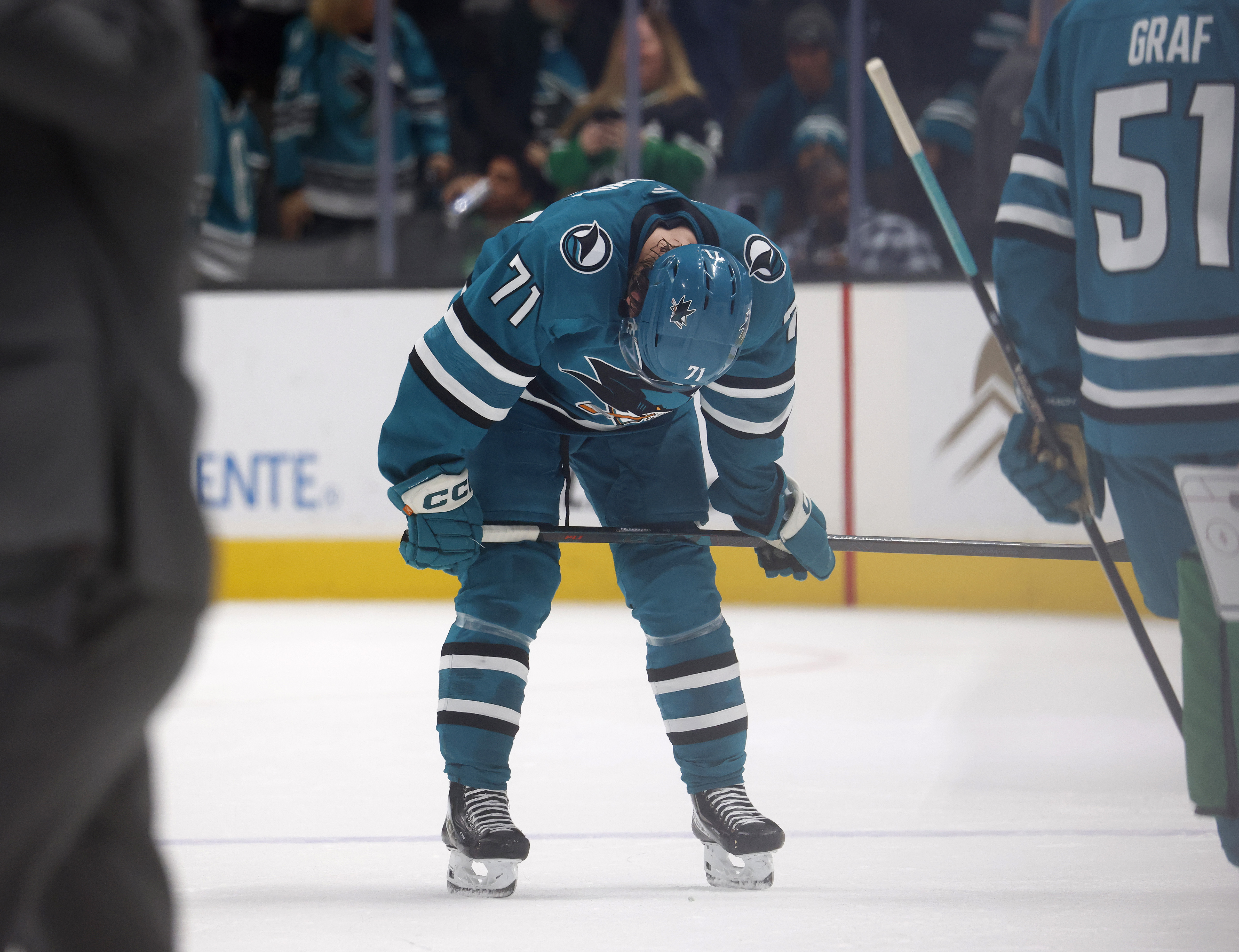 San Jose Sharks' Macklin Celebrini (71) reacts after their 5-3...