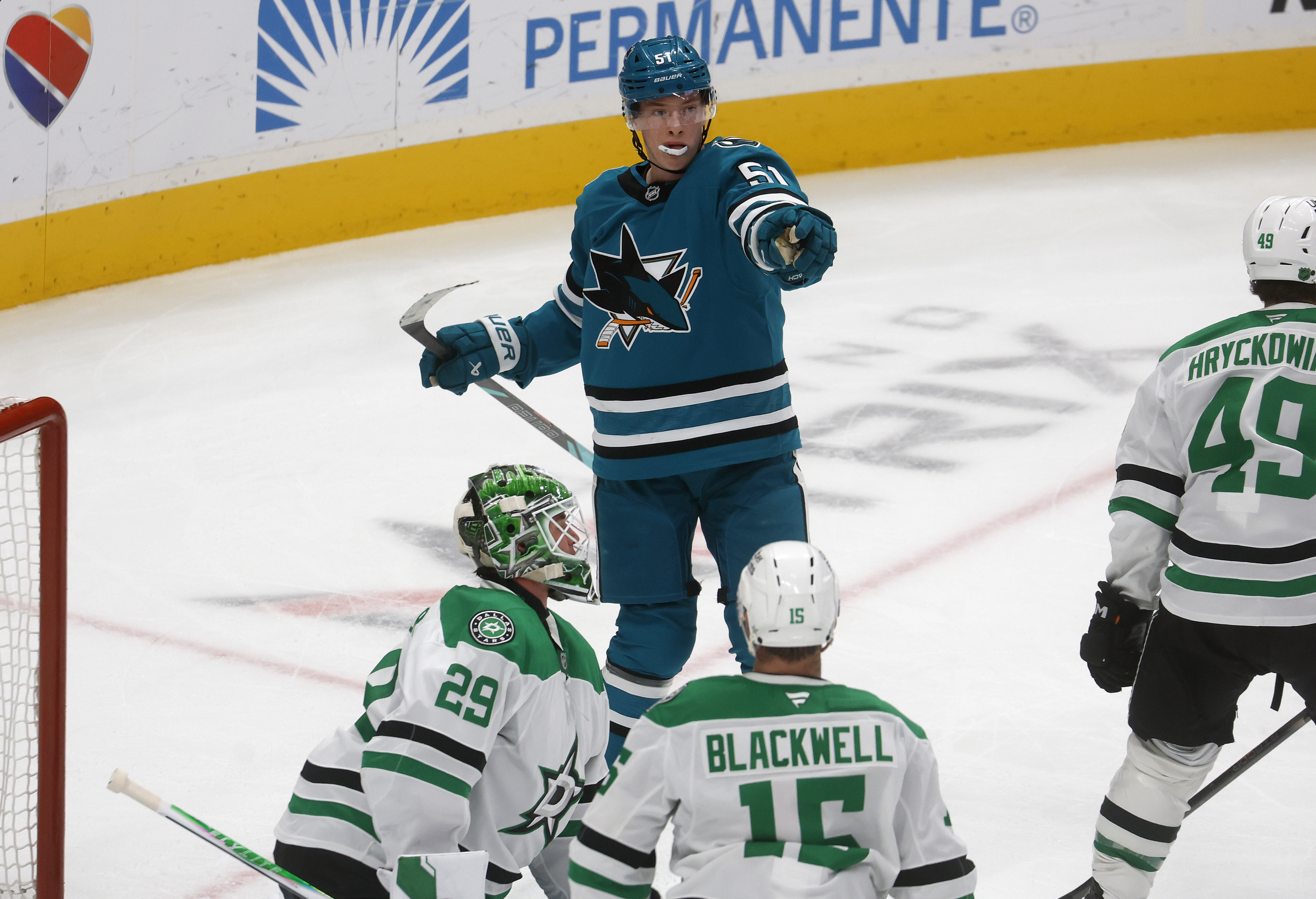 San Jose Sharks' Collin Graf (51) celebrates his goal against...