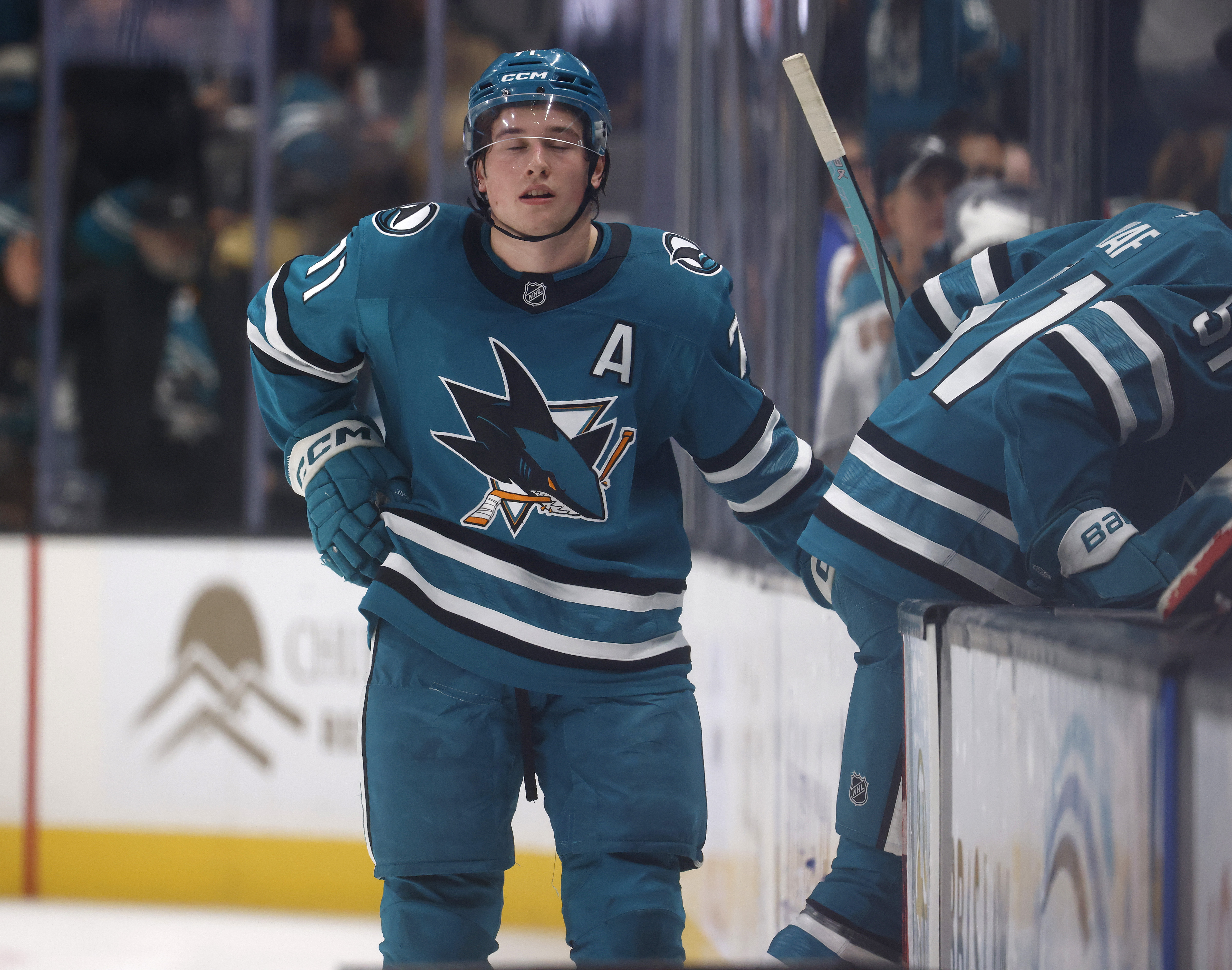 San Jose Sharks' Macklin Celebrini (71) reacts after their 5-3...