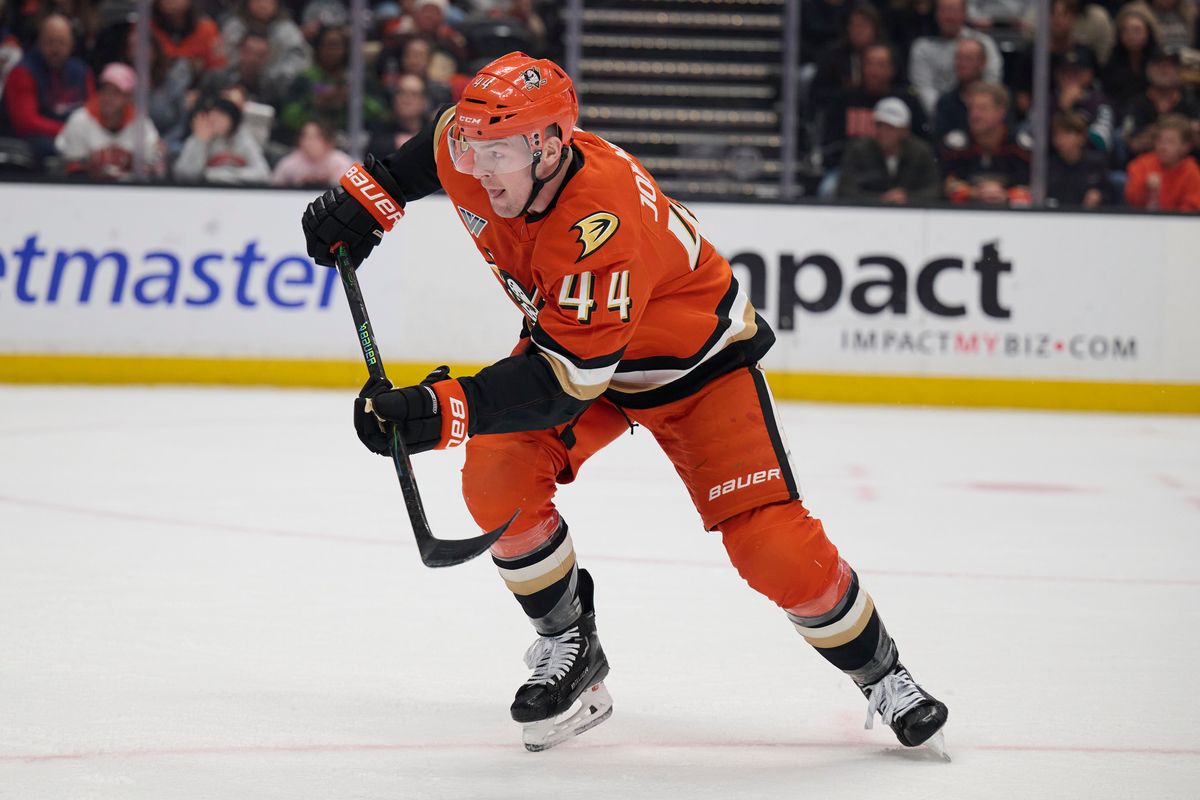 Ross Johnston #44 of the Anaheim Ducks skates toward the puck against the Blue Jackets at the Honda Center on December 20,2025 in Anaheim, California. Ross Johnston #44 of the Anaheim Ducks skates toward the puck against the Blue Jackets at the Honda Center on December 20,2025 in Anaheim, California.