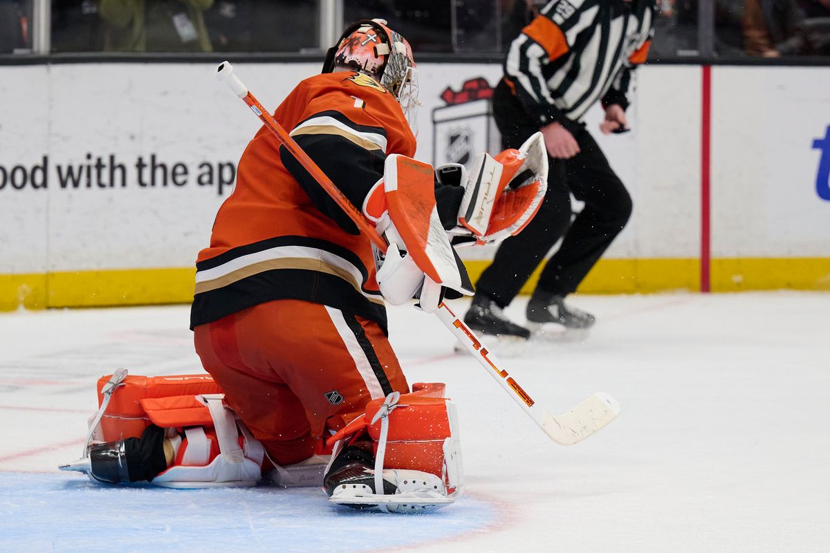 Lukas Dostal #1 of the Anaheim Ducks catches a goal attempt against the Blue Jackets at the Honda Center on December 20,2025 in Anaheim, California. Lukas Dostal #1 of the Anaheim Ducks catches a goal attempt against the Blue Jackets at the Honda Center on December 20,2025 in Anaheim, California.