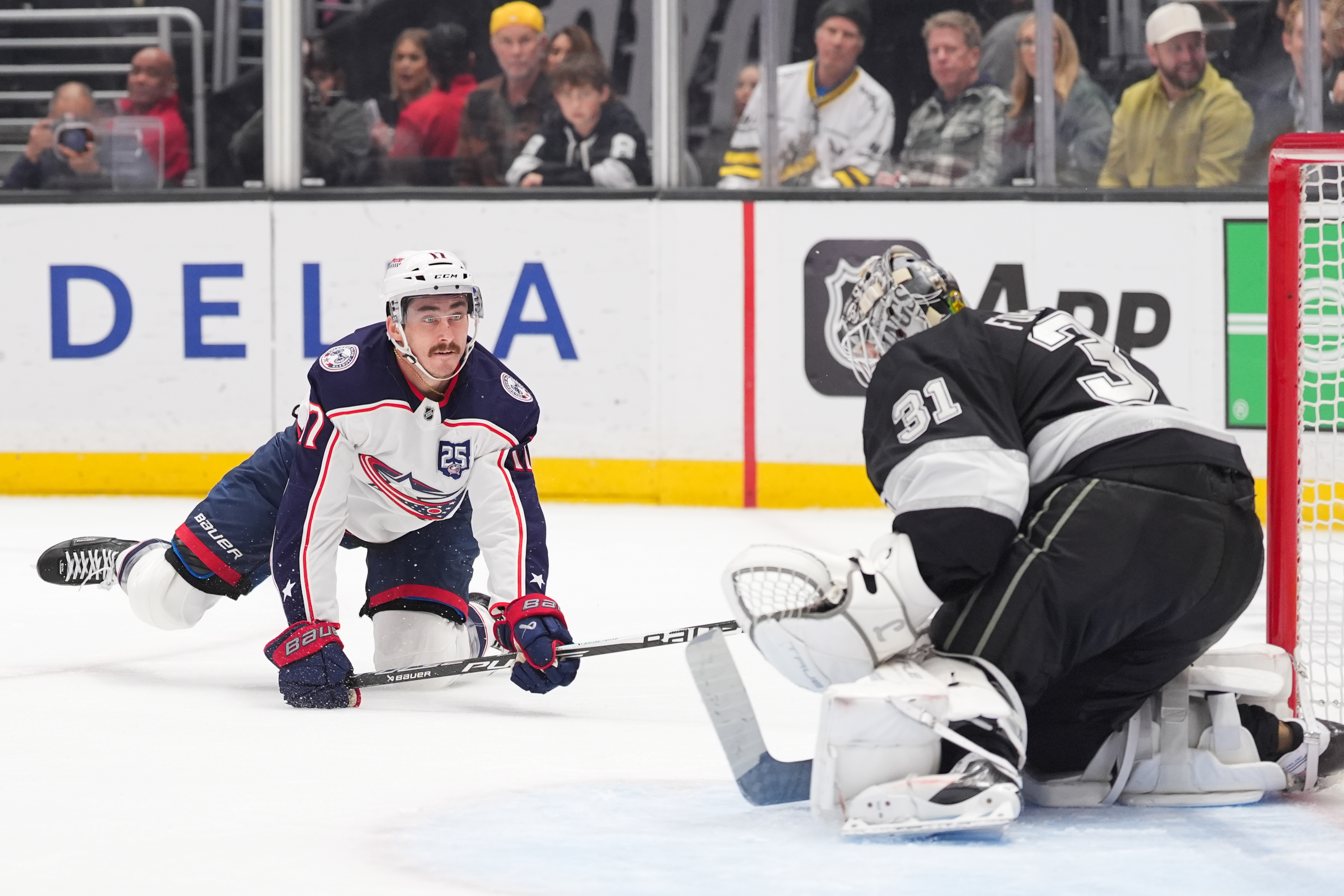 Kings goaltender Anton Forsberg, right, makes a save against the...